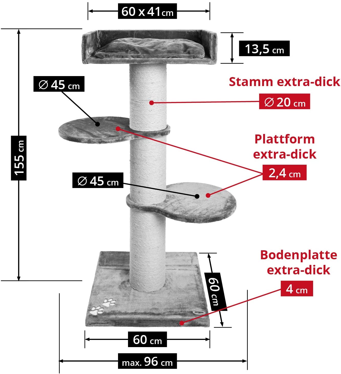 B-Ware: PCT6001, Premium XL Kratzbaum Katzenkratzbaum groß H 155cm, Stabiler Kletterbaum mit 20 cm dicker Stamm & 4cm starke Bodenplatte, Katzenbaum mit weichem Kuschel Plüsch, braun grau ...