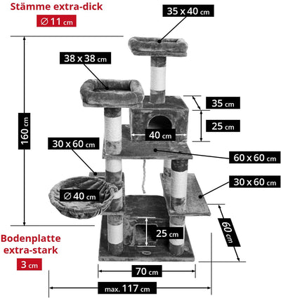 B-Ware: PCT6002, Premium Quality, XXL Premium Kratzbaum Höhe 160 cm, 11cm dicke Stämme, Dicke Bodenplatte, Sehr stabil, Weiches Kuschel-Plüsch, grau braun beige ...