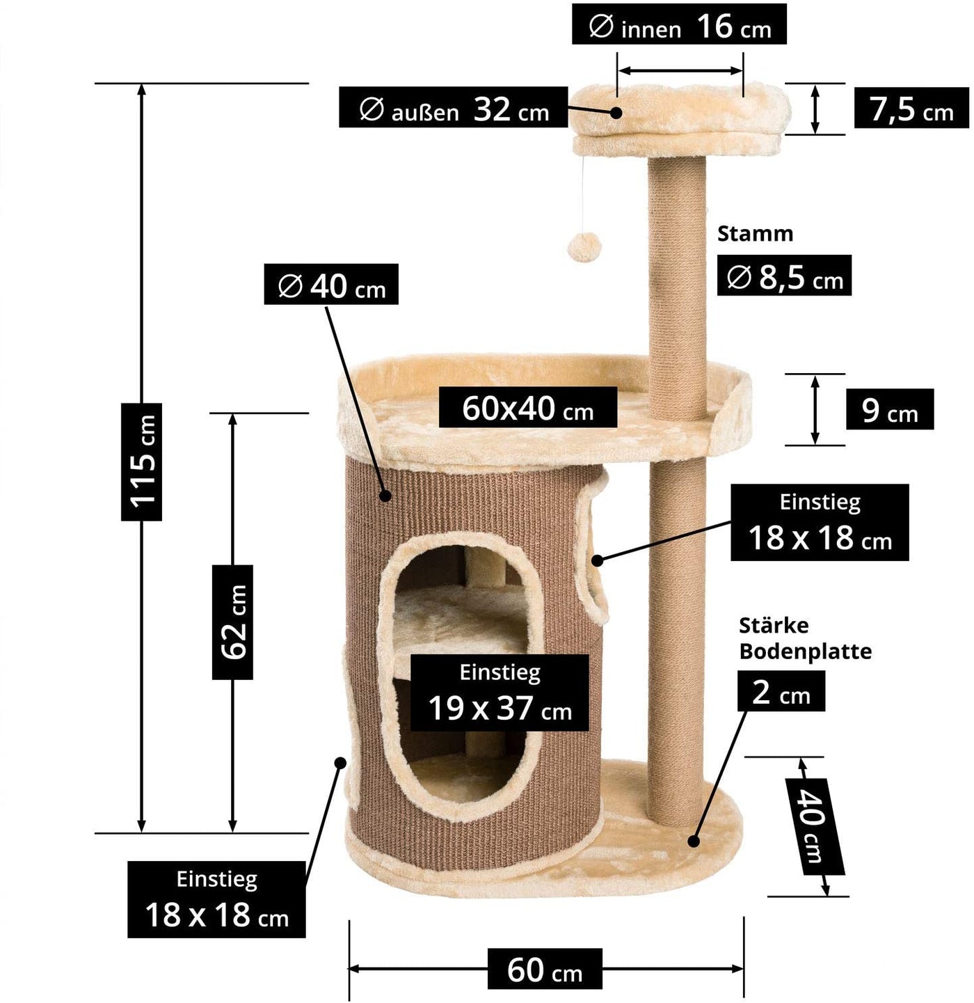 B-Ware: PCT6007 - JAMAXX 2-in-1 Kratzbaum mit integrierter Kratztonne (mit Sisal bezogen), H 115cm, Stabil, Weich, Kuschelig, Farbe beige