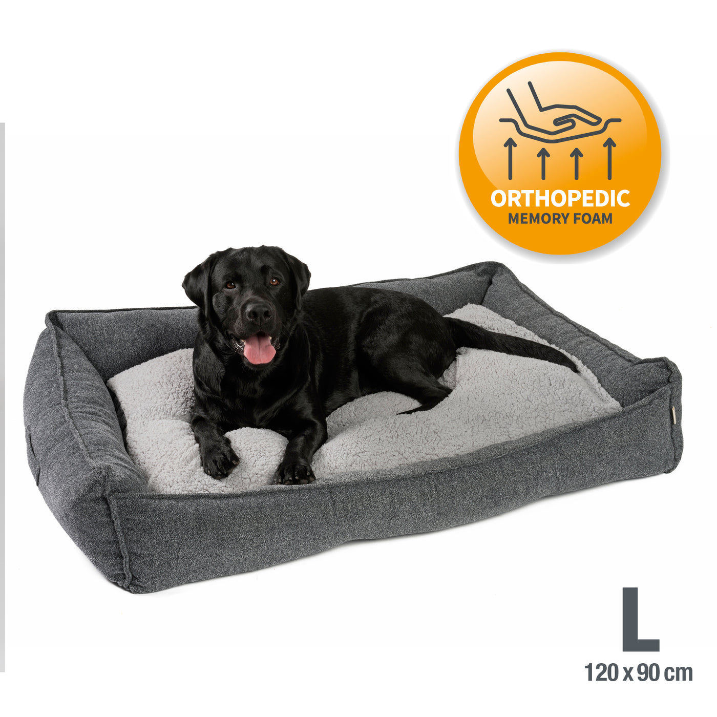 Hundebett aus edlem Chinelle-Sofa-Stoff mit kuscheligem Wendekissen in Grau und L für große Hunde