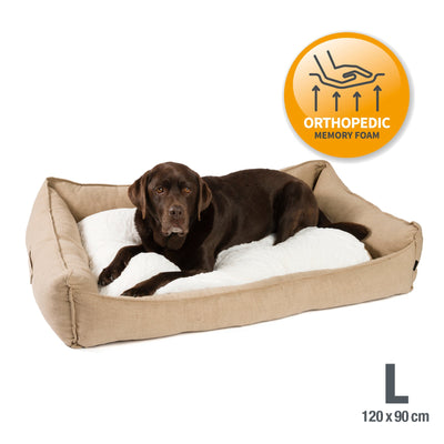 B-Ware: PDB2006, Premium Hundebett ,Edle Leinen-Optik, Orthopädische Memory Foam Visco Füllung, grau / braun