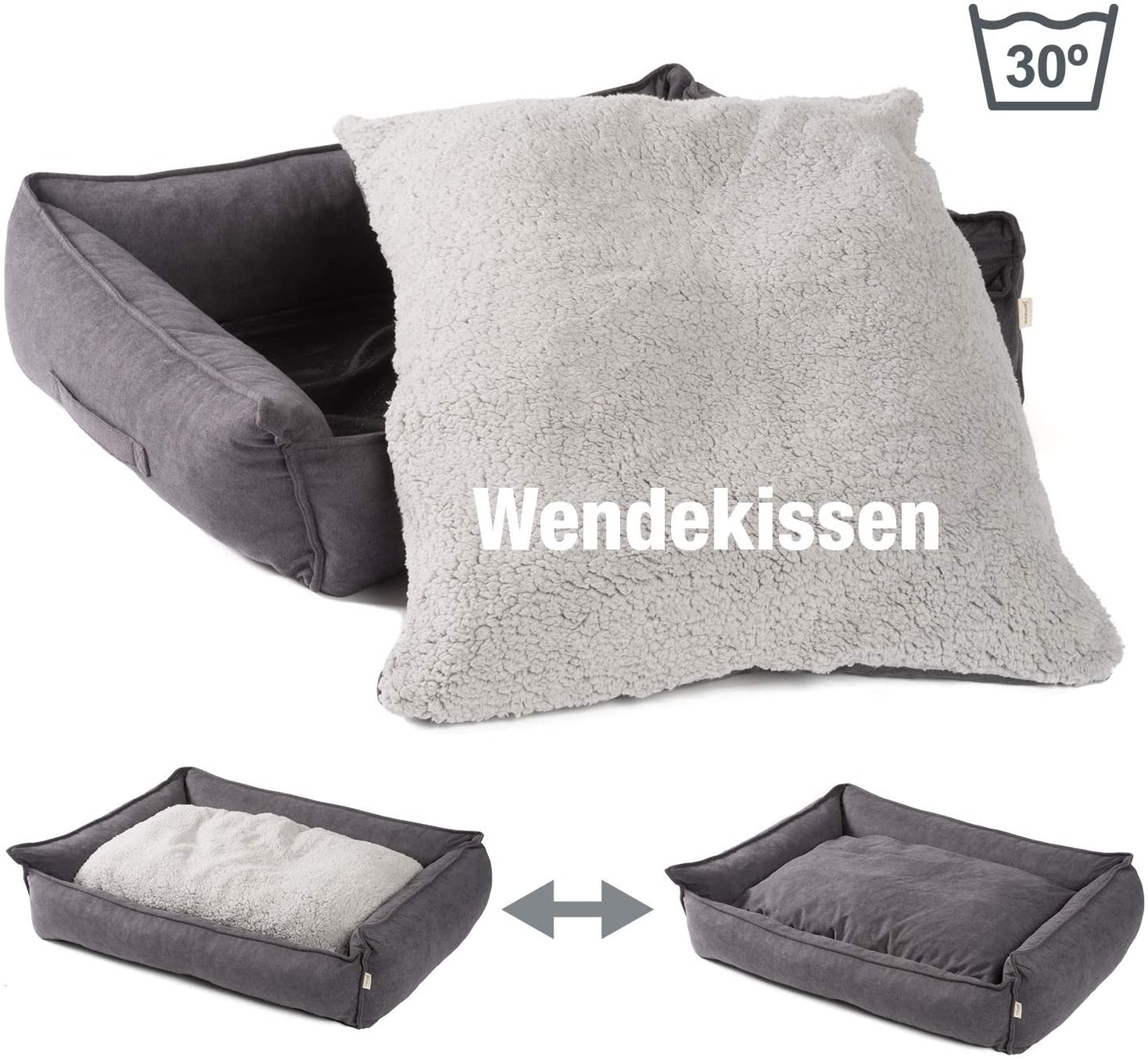 Hundebett mit Kissen, grau, mit Wendekissen - Plüsch und Canvas