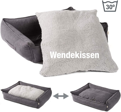 Hundebett mit Kissen, grau, mit Wendekissen - Plüsch und Canvas