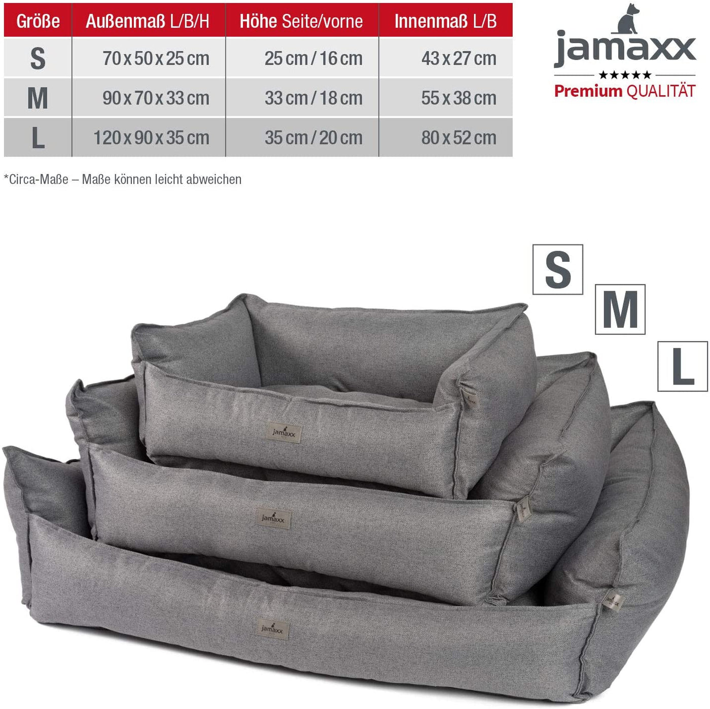 Hunde-Sofa aus hochwertigem OEKOTEX zertifizierten Stoff mit extra hohen Seiten gegen Zugluft und einer orthopädischen Schaumstofffüllung in drei Größen