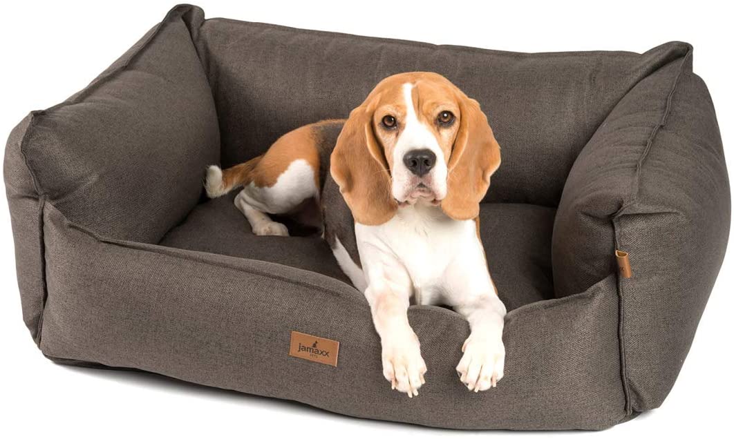 Hunde-Sofa aus hochwertigem OEKOTEX zertifizierten Stoff mit extra hohen Seiten gegen Zugluft und einer orthopädischen Schaumstofffüllung, braun