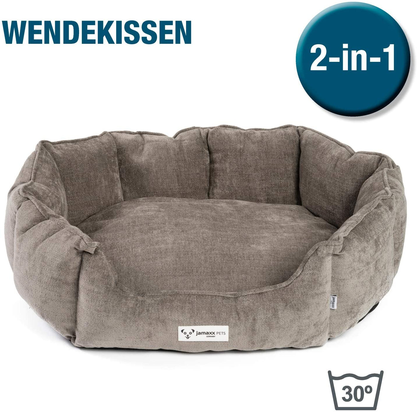 Das Hundebett in klassisch ovaler Hundekörbchen Form gibt es für kleine und mittelgroße Hunde, das Wendekissen hat 2 Seiten