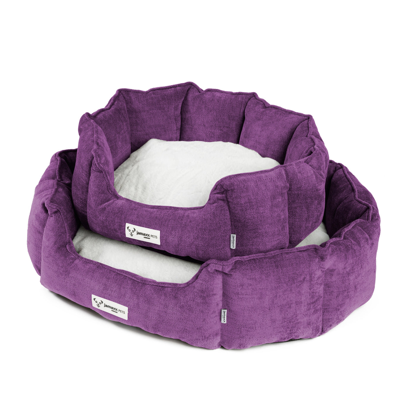 Das Hundebett in klassisch ovaler Hundekörbchen Form gibt es für kleine und mittelgroße Hunde, hier in der Trendfarbe Purple.